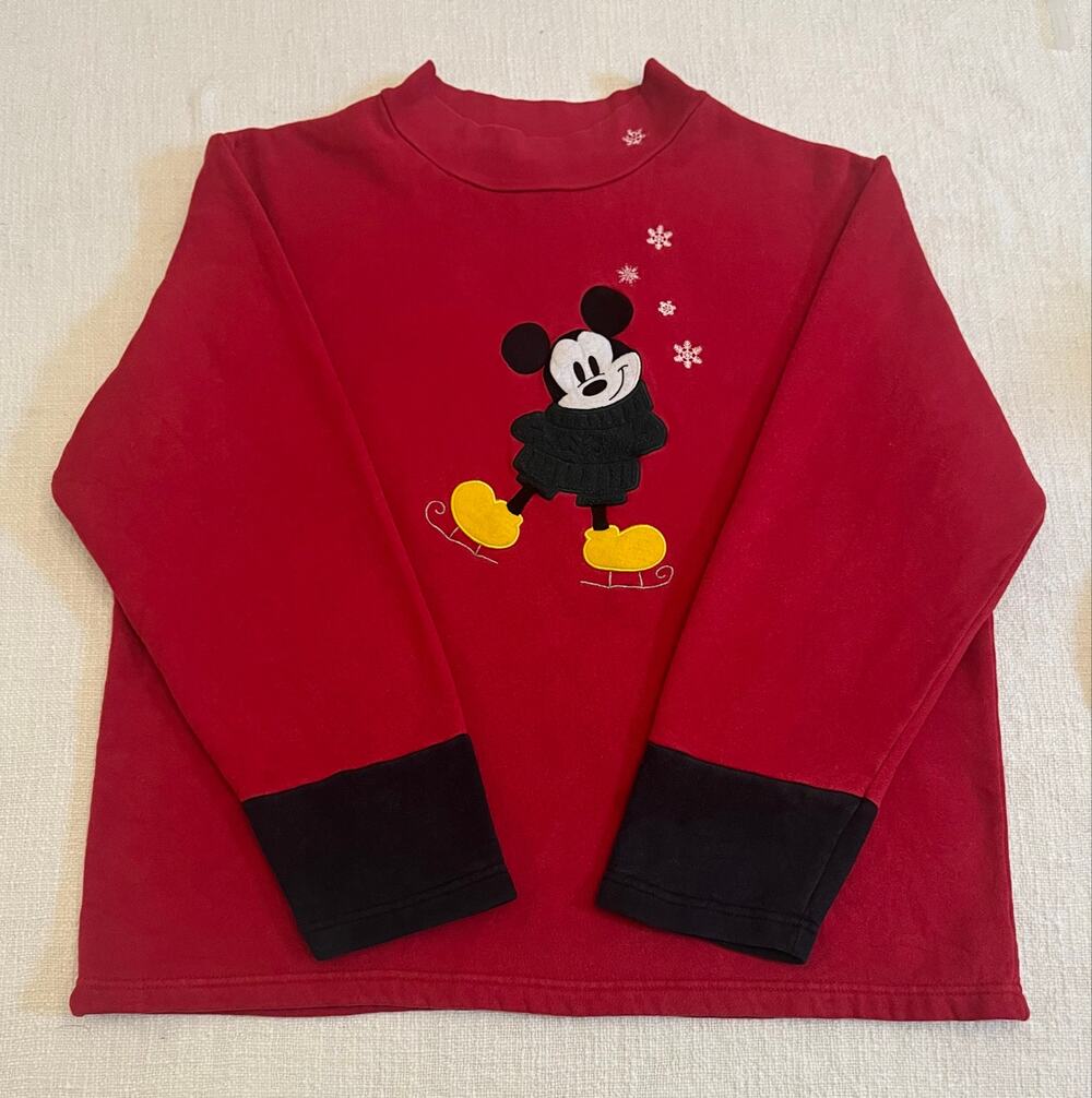 XL Women's Mickey Mouse Sweatshirt Red Fleece Ice Skate Disney Store Christmas